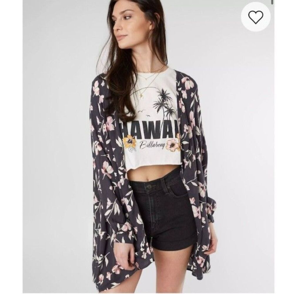 Billabong Womens Ocean Sky Kimono Top Swim Coverup Floral Navy Pink Boho Sz M/L